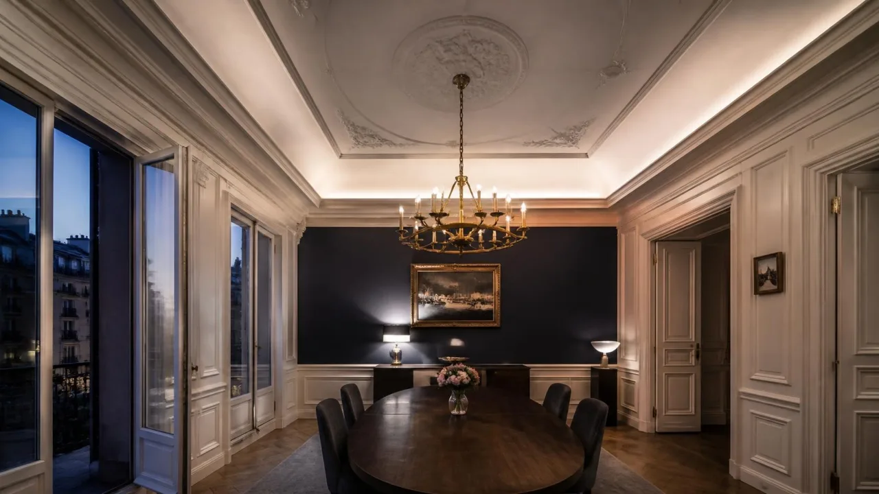 Sala de jantar com forro ornamentado em gesso e boiserie