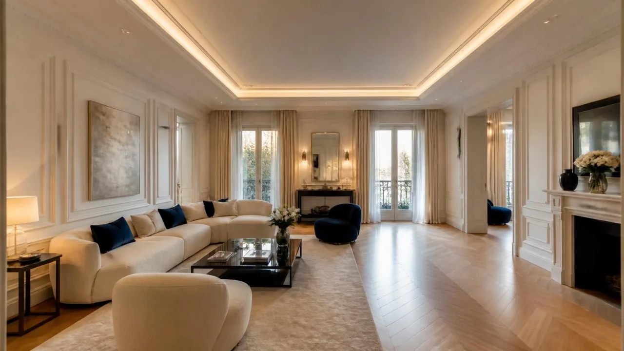 Sala de alto padrão com forro de gesso e sanca iluminada